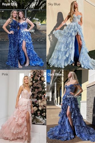 Sevintage Tulle Tiered Prom Dresses with Lace Sparkly Long Spaghetti Straps Sweetheart Slit Layered Cocktail Gowns with Train Formal Pink Size 8 - Thumbnail 3