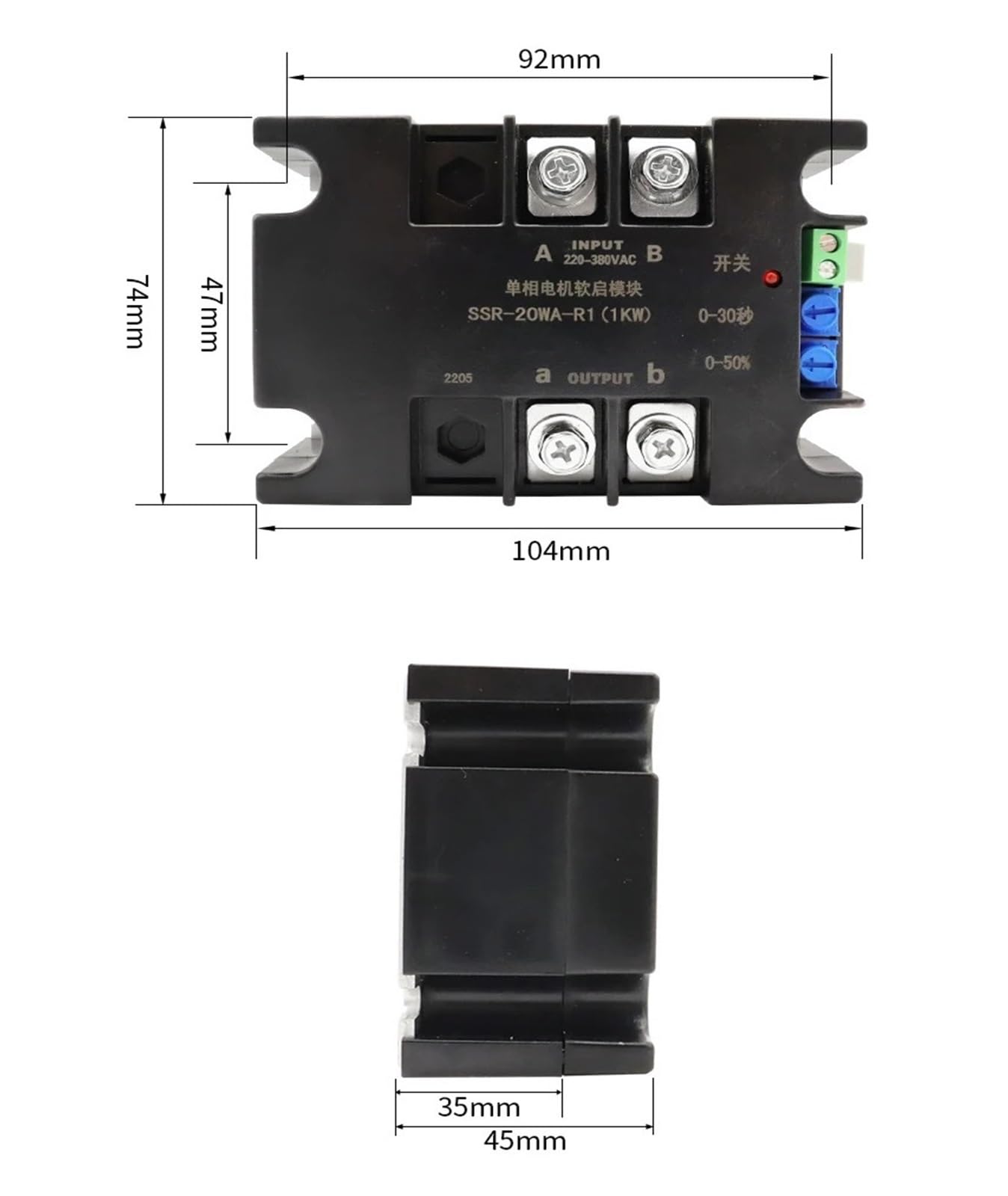 Jednofazowy rozrusznik silnika 220 V, moduł Softstart, 50-60 Hz, kompatybilny z 2/4/6/8 kW (SSR-20WA-R1 (1 KW))