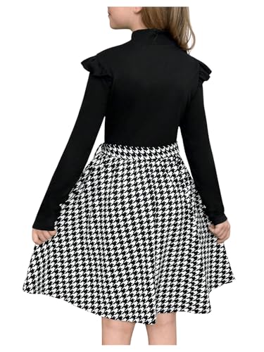 SweatyRocks Girl's Houndstooth Print Midi Dress Long Sleeve Ruffle Trim Belted Skater Dresses2