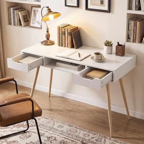 Image of Tangkula Mid Century Modern Desk Simple Computer Desk | White Writing Desk Vanity Table w /2 Drawers & Open Center Storage, Small Wooden Study Table for Home Office & Compact Spaces