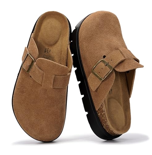 Project Cloud Genuine Leather Platform Clogs for Women Footwear - Memory Foam Arch Support Cork Footbed Casual Shoes & Mules for Women 2025 (Benton Chunky, TAN, 7)