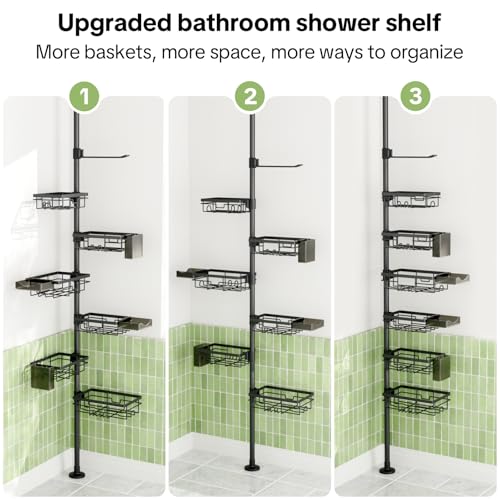 Dimyno Shower Tension Rod Organizer, 6 Tier Rustproof Corner Shower Caddy Tension Pole with Soap Holder & Hooks, Adjustable 30-121 Inch Bathroom Shelf for Renters - Family Stand Storage Rack, Black by Dimyno - Used condition - Image 2