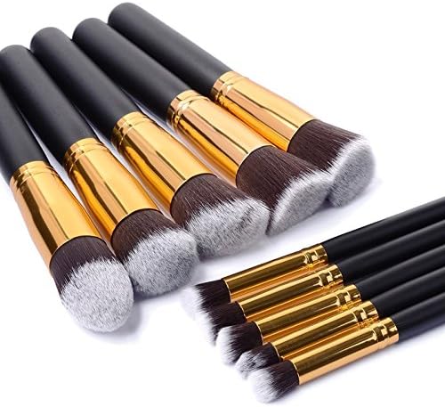 Inviktus Premium Synthetic Kabuki Makeup Brush Set Cosmetics Foundation Blending Blush Eyeliner Face Powder Brush Makeup Brush Kit (10pcs, Golden Black)