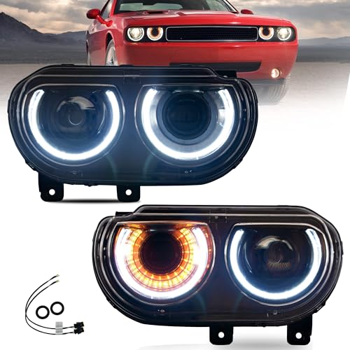 VLAND Headlights Assembly Fit for 2008-2014 Dodge Challenger 3rd Gen Coupe, Front light with Sequential Indicator Halo, W/Dual Beam Lens DRL, Plug-n-Play Headlamp