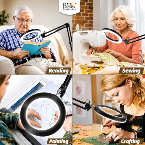 Image of BROLAVIYA Overhead Heavy Base 5X Magnifying Glass with Led Light and Stand, 3 Color Modes Dimmable, Flexible Metal Arm, Magnifier Desk Lamp for Crafts, Makeup, Reading, Photography - Black