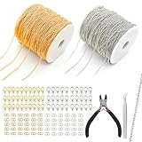 2 Roll Gold Silver Chain for Jewellery Making, 33 Feet 2.4mm DIY Craft Bracelet Necklace Making Chains with 60 Lobster Clasps and 120 Jump Rings, Small Pliers Tweezers