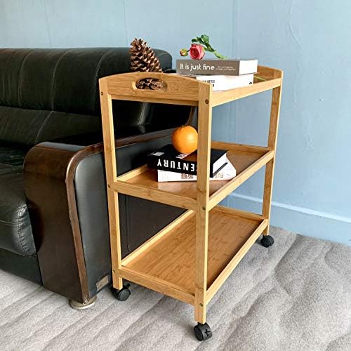 Hygrad Bamboo 3 Tier Kitchen Storage Rack Serving Trolley Island Cart With Wheels, Drinks, Bar Cart, Serving Kitchen Cart, Storage Shelf with Lockable Castors, 60.5 x 33 x 73 cm, for Lounge, Party,