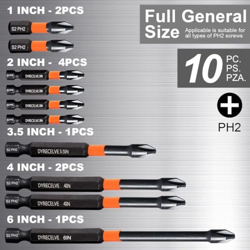 image for DYRECELVE 10-Pack Phillips Bits #2 Impact Magnetic, 1-Inch to 6-Inch L