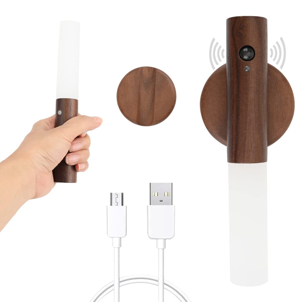 JinsenTGGWooden Wall Light, Indoor Night Light with Motion Sensor, Magnetic Rechargeable Wireless Battery Wall Lights with Switch for Bedroom, Hallway, Stairway, Children Room and More (Walnut-1pc)