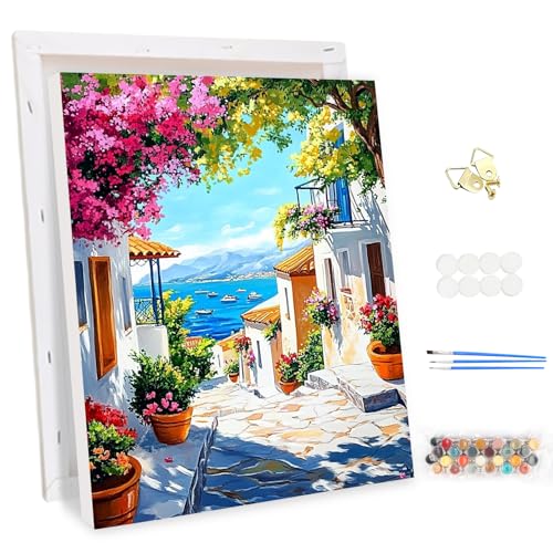 MEIYUDA Peinture par Numero Adulte avec Cadre, Vue Mer Fleurs Kit de Peinture à l'Huile sur Toile par Numéro, Peinture par Numero Débutants Acrylique...