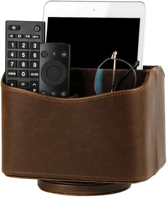 HofferRuffer Spinning Remote Control Holder 360 Degrees Rotatable Remote Controller Storage Organizer, PU Leather Remote Caddy for TV Guide, Mobile Phone, Pens (Brown)