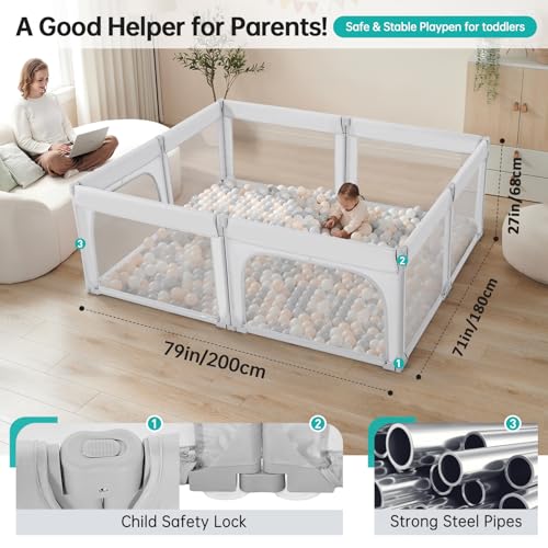 Image of Doradotey 8-Panel Foldable Baby Playpen for Toddlers 1-3, Adjustable Shape Large 59x71 Indoor Playard, No Tools Assembly, 360 Breathable Mesh, Separate Washable Panels Safety Fence, Grey