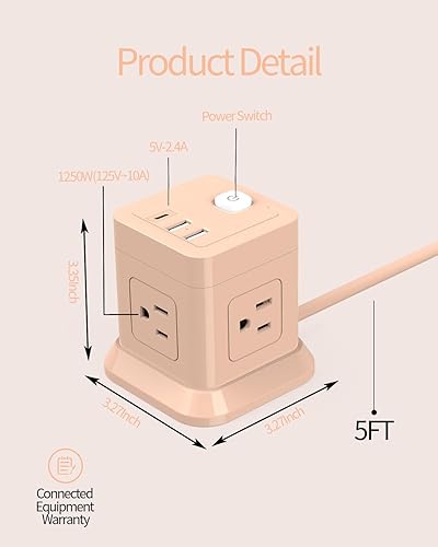 Miniatura 3 de Regleta de alimentación cúbica, FDTEK 4 salidas ampliamente espaciadas con 3 USB (1 USB C) Regleta de alimentación de enchufe plano con cables de