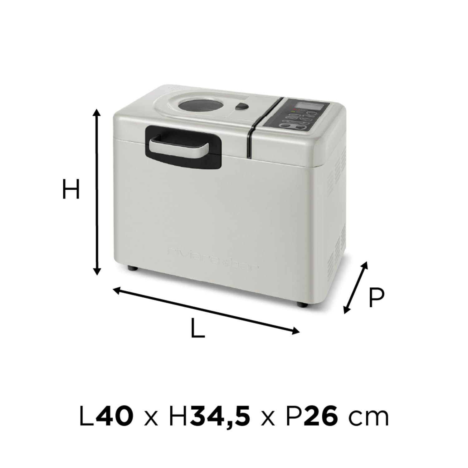 riviera&bar Machine à Pain Sans Gluten - 820W, 14 Programmes, Distributeur d'Ingrédients, Pétrin Auto-Rabattable - 3 Tailles de Pain, Départ Différé 13h - Blanc Ivoire
