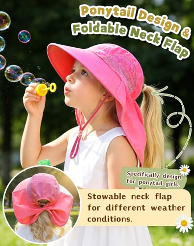 Image of Rosoz Kids Sun Hat with Neck Flap UV Protection Summer Toddler Beach Hat Unisex Ponytail Hat Wide Brim Fishing Hat