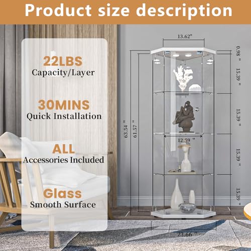 Image of LFT HUIMEI2Y 4-Tier Glass Corner Cabinet with LED&Lock, Display Case White