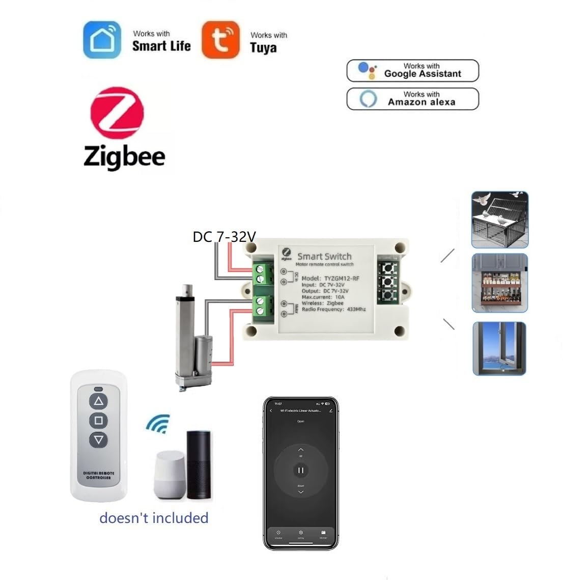 Tuya Smart Life App Zigbee Smart Wireless DC Linear Acuator/Motor Forward Reverse Controller Relay Module, fonctionne avec Alexa (hub Tuya Zigbee nécessaire)