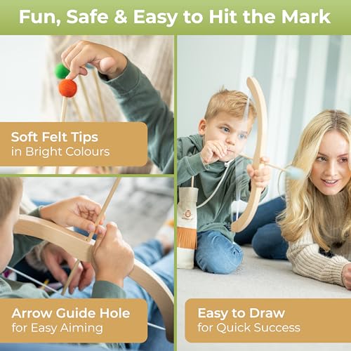 BOWRILLA® Kids Bow and Arrow Set | Wooden Archery Toy for Boys & Girls Aged 3-7, Bow and Arrow for Kids | Includes 5 Arrows, 4 Targets, Cotton Quiver | Indoor & Outdoor Play - Image 5
