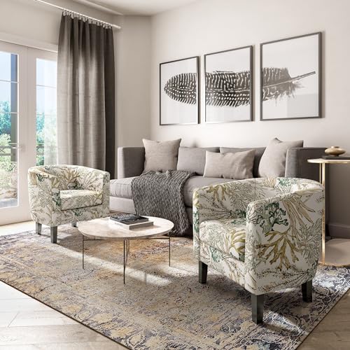 Image of BELLEZE Living Room Chairs Set of 2, Linen Round Accent Barrel Chairs, Club Tub Sofa Chairs for Bedroom, Corner Chairs with Flared Legs and Cozy Soft Padding - Highland (Green Coral)