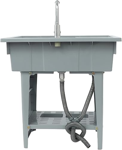Miniatura 7 de Fregadero de plástico independiente con tabla de lavadero, lavabo para lavandería, lavabo con grifo caliente y frío para garaje, sótano, jardín