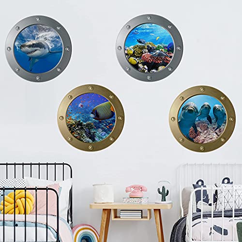 ToyaJeco 4 Stück Ozeanwelt Wandtattoo, Abnehmbar Bullauge Schule von Fisch Wandsticker mit Kunststoff Spatel, 3D Leben im Meer Kunst-Aufkleber zum Kinder Kindergarten Schlafzimmer Dekoration Cover