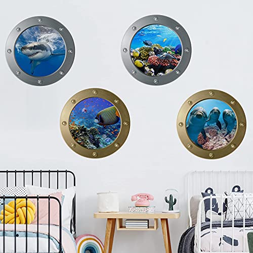 4 Pièces Monde de l'océan Stickers Muraux, ToyaJeco Amovible Hublot Poisson Décoration Murale, 3D La Vie Marine Décalques D'art Avec Plastique Spatule pour Enfants Crèche Chambres Salons Décoration