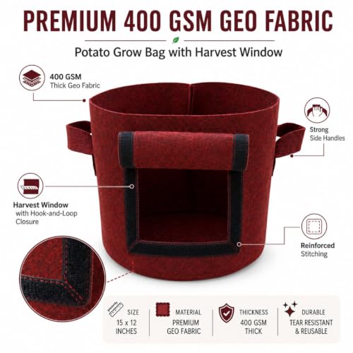 Image of Casa De Amor 15x12 Inch Potato Grow Bags for Root Vegetables, Geo Fabric 400 GSM Plant Bag (Maroon Color, Pack of 2)