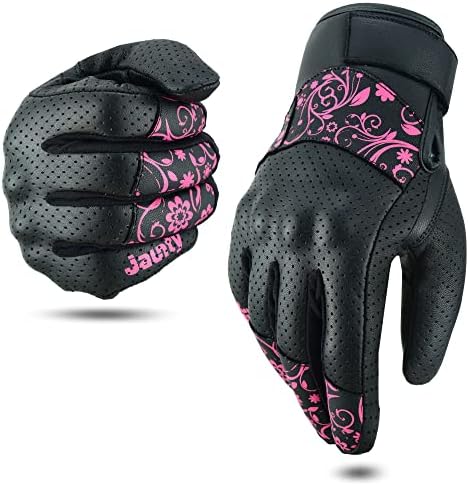 JAUNTY Motorcycle Gloves for Women Leather Riding Touchscreen Gloves for Ladies with Hard Knuckle Perforated Breathable Biker, ATV BMX, Combat Motocross, Riding Racing (Pink, Large)