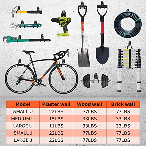 LIIBOT 2 Pack Garage Hooks with Heavy Duty Steel Storage Tool Hangers for Garage Wall Mount Utility Double Hooks with Anti-Slip Coating for Bike Garden Tools Ladders Bulky Items (S, J-Shaped, Black)