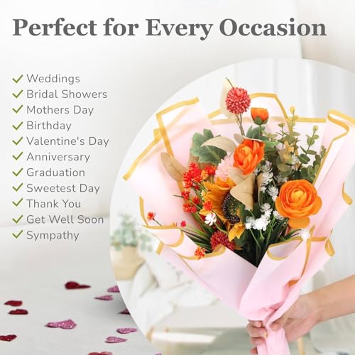 MtnLaur Blumenpapier 20 Blatt, Wasserdicht Blumen Papier, Rosa Geschenkpapier Blumen Verpackungspapier und goldener Rand, Wrapping Paper für DIY Bastelprojekte Hochzeitsgeburtstagsgeschenke (Pink)