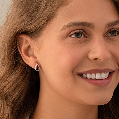 Peora Created Blue Sapphire Earrings 925 Sterling Silver, Radiant Teardrop Studs, 1.50 Carats Total Round Shape 5mm, Friction Back, Blue Earrings, September Birthstone Gift2