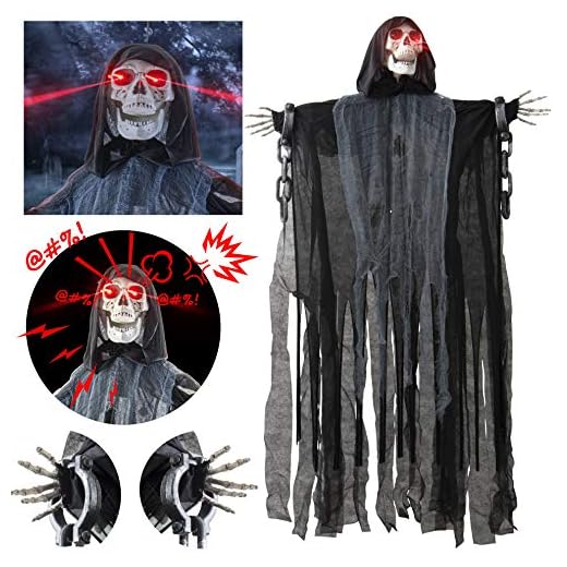 Prextex - Cráneo Esqueleto Colgante Animado de 152 cm con Grilletes y Cadenas para la Mejor Decoración de Halloween