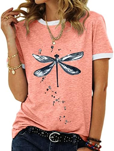 Women's Graphic Tees Casual Summer Funny Dragonfly Printed Short Sleeve Cute T Shirts Tops