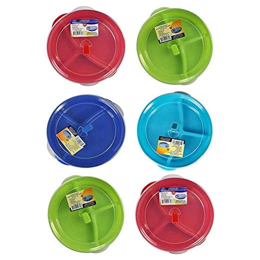 (Set of 6) Microwave Food Storage Tray Containers - 3 Section / Compartment Divided Plates w/ Vented Lid