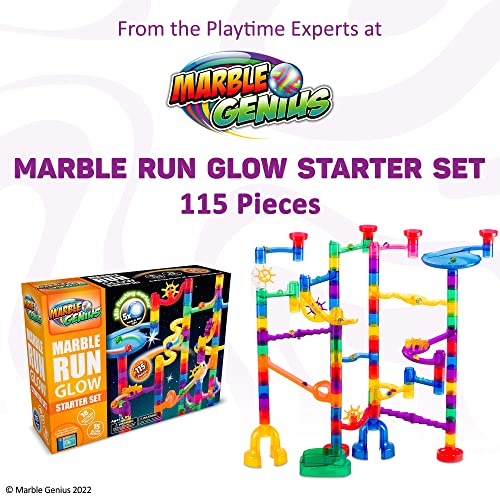 Marble Genius Marble Glow Run Race Track Set Glow In The Dark (115 Pcs) Stem Educational Building Block Toy, Instruction App Access & Full Color Instruction Manual, Great Gift For Kids, Starter Set #TOP1