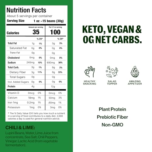 BRAMI Lupini Beans Snack, Chili & Lime | 7g Plant Protein, 0g Net Carbs | Vegan, Vegetarian, Keto, Plant Based, Mediterranean Diet, Non Perishable | 5.3 Ounce (Pack of 8)