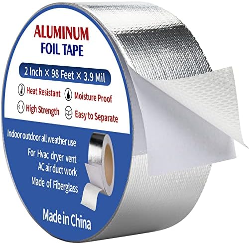 NEZUIBAN Aluminum Foil Tape,2Inch by98Feet(32.6yards) 3.9Mil Insulation Heat Resistant Tape Perfect for HVAC, Dryer Vents,Sealing & Patching Hot & Cold Air Ducts