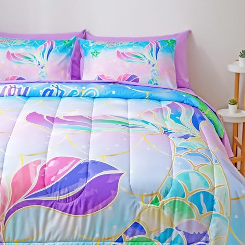 Image of Purple Mermaid Queen Bedding - Kids Comforter Sets for Girls, 7-Piece Soft Set with Matching Sheets and Pillow Sham