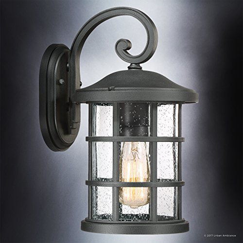 Image of Urban Ambiance Luxury Craftsman Outdoor Wall Light, Medium Size: 14.25 inch H x 8 inch W, with Tudor Style Elements, Wrought Iron Design, Natural Black Finish and Seeded Glass, UQL1042