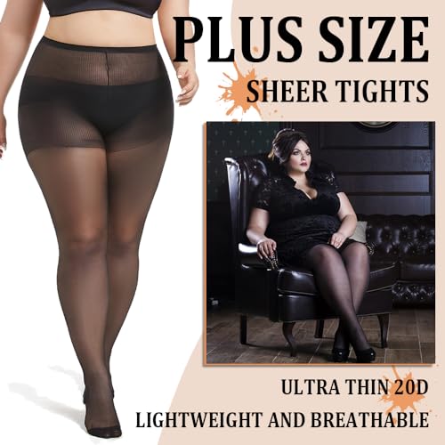 MERYLURE 3 Pairs Plus Size Sheer Tights for Women, 20D Ultra Thin High Waist Control Top Pantyhose with Reinforced Toes2