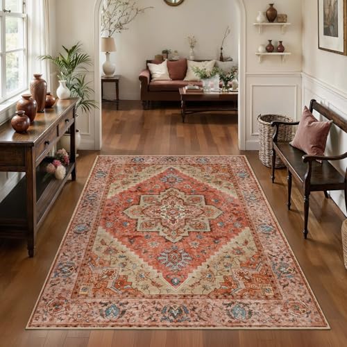 Image of Tangsoo Boho 3x5 Rug, Washable Non Slip Accent Rugs for Entryway Terracotta