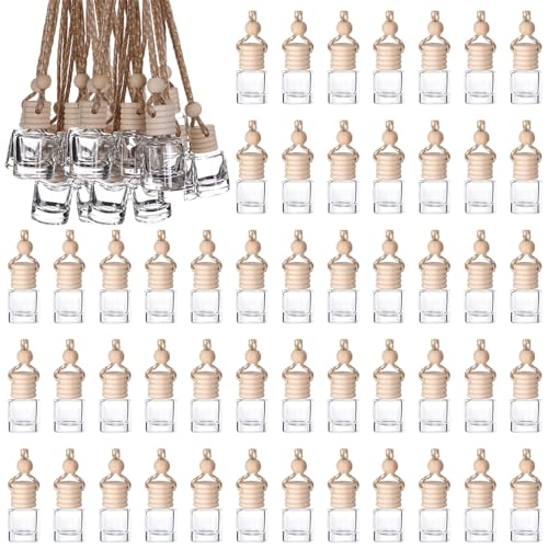RZJSLSHANHAI 50Pcs Hanging Car Air Freshener Diffuser with Wooden Caps 8ML Empty Clear Car Diffuser Bottles Hanging Glass Essential Diffuser Oil Fragrance Perfume Pendant Glass Vial,Cylindrical