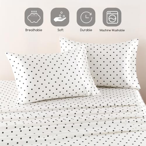 Image of MR&HM Satin Bed Sheets with Elastic Corner Straps, Queen Size Sheets Set, 4 Pcs Silky Bedding Set with 15 Inches Deep Pocket for Mattress (Queen, Polka Dot Ivory)