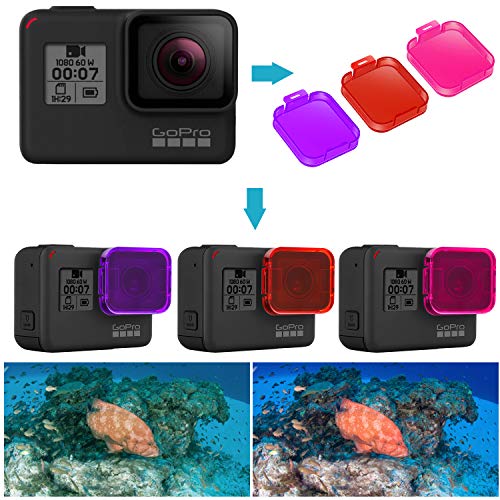 Neewer 3-Pack Kit Filtros Buceo para GoPro Hero 7/6/5 - Adjuntar Directamente en Lente GoPro - Mejorar Color para Videos Subacuticos y Fotografas para Buceo (Rojo/Rosa/Magenta)