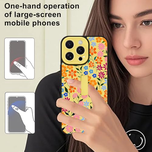 Image of for iPhone 16 Pro Max Case with Finger Strap Holder, Cute Colorful Floral Flower Print Pattern Design for Women Girls, Shockproof Anti Scratch Hand Kickstand Protective Cover, Yellow
