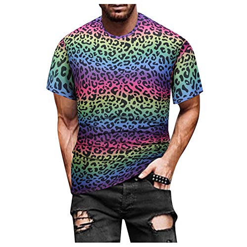 Shirts for Men Crew Neck T-Shirts Rainbow Leopard Prints Short Sleeve Casual Tees Short Blouse (Multicolor, Medium)