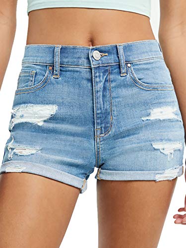 Govc Womens Ripped Stretchy Denim Jean Shorts Juniors Mid Rise Cuffed Hem Short Jeans(LightBlue,L)