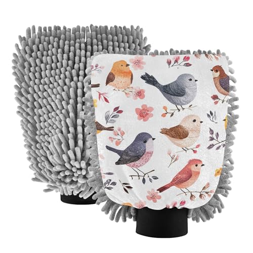 Cartoon Sweet Bird White Hand Mitt Car Wash Glove 2 Pack Gloves for Cars Washing Scratch Free Clean Safe Mitt for Wash Drying