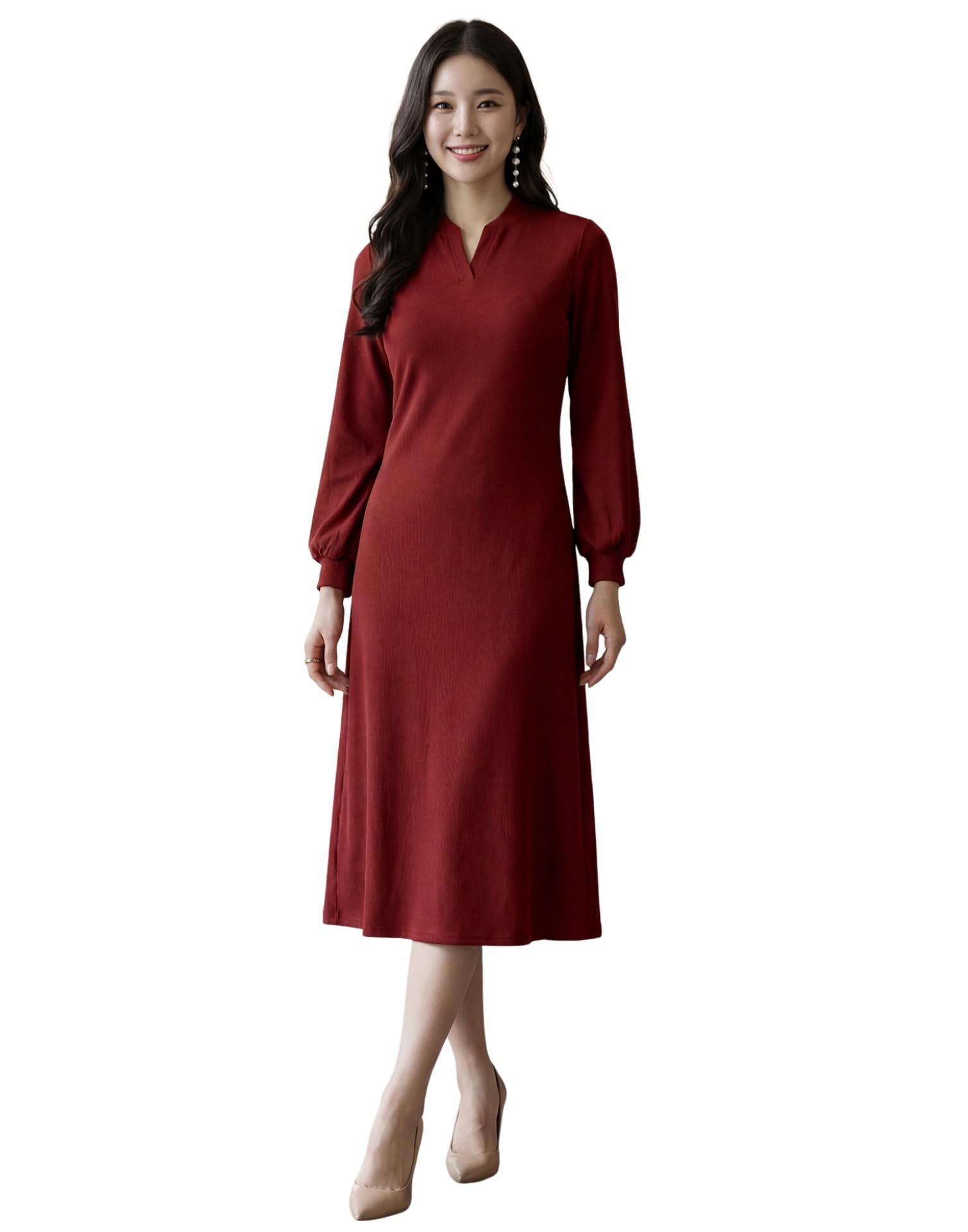selvia Women Balloon Sleeve Maroon One Piece Western Dress-picture-25