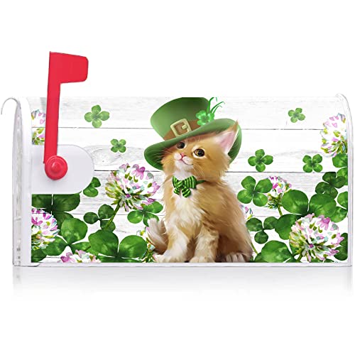 Image of Texupday Cute Cat Kitten Clover Floral Decoration St.Patrick's Day Mailbox Cover with Magnetic Strip Holiday Mailbox Wraps Post Letter Box Cover Standard Size 21 inch X 18 inch for Garden Outdoor Yard Decor